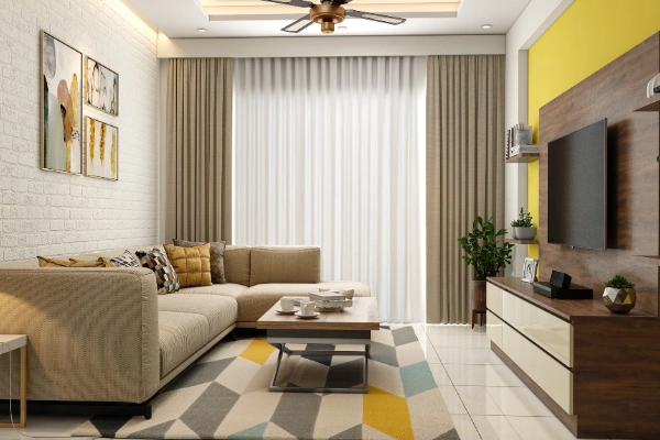 The tv unit in the centre and open shelves in living room